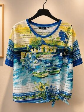Onque Casuals Blue & Yellow Scenic Tie-Front Tee - Women's Short Sleeve